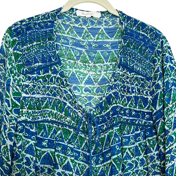 Two by Vince Camuto Womens Sheer Peasant Blouse Large Blue Green Tasseled Boho - Picture 2 of 5